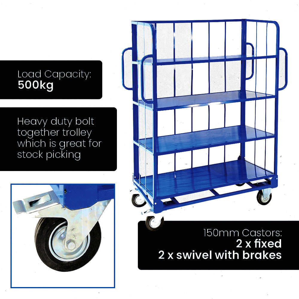 Heavy-Duty 4-Shelf Iron Trolley – Flat Platform Cart for Logistics & Warehousing