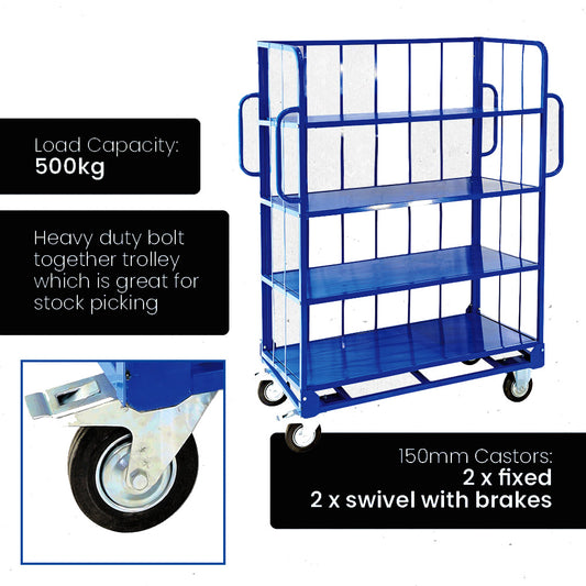 Heavy-Duty 4-Shelf Iron Trolley – Flat Platform Cart for Logistics & Warehousing