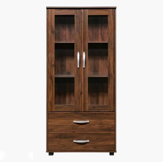 Wooden Office Storage Cabinet with Glass Doors and Drawers – 170cm Height