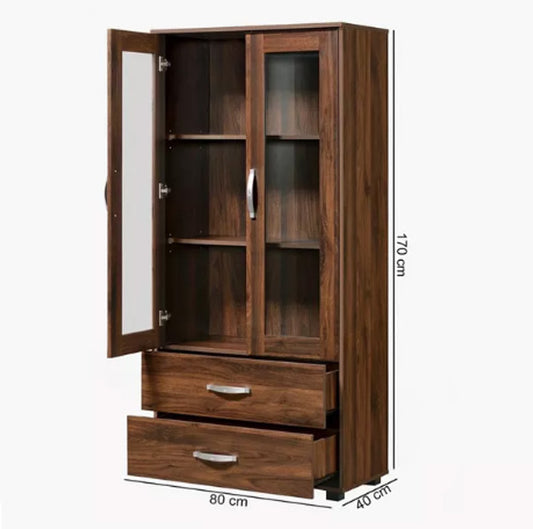 Wooden Office Storage Cabinet with Glass Doors and Drawers – 170cm Height
