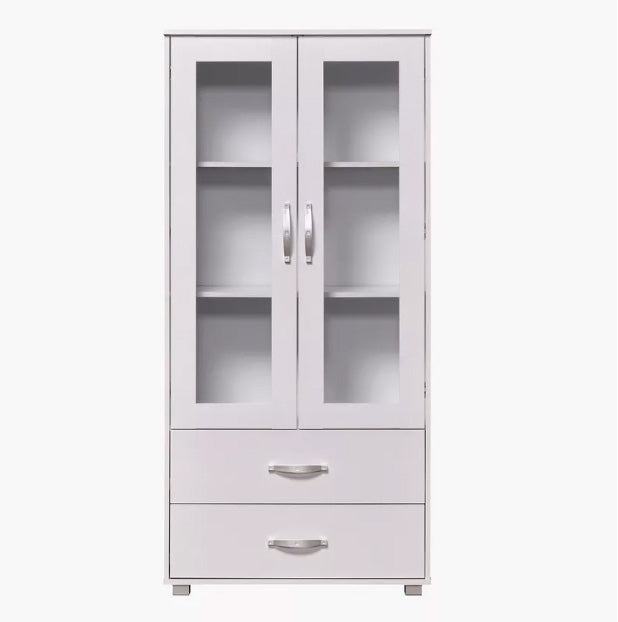 Wooden Office Storage Cabinet with Glass Doors and Drawers – 170cm Height