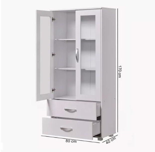 Wooden Office Storage Cabinet with Glass Doors and Drawers – 170cm Height