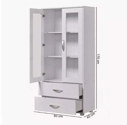 Wooden Office Storage Cabinet with Glass Doors and Drawers – 170cm Height